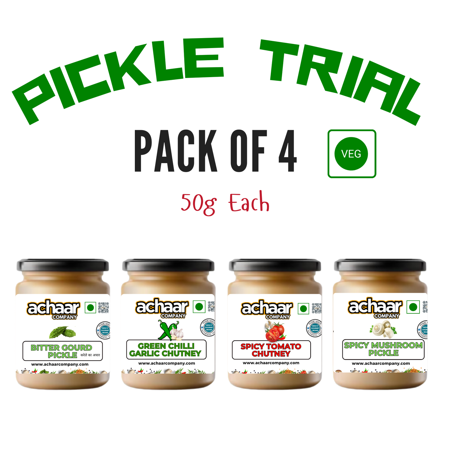 Veg Pickles Classic Trial pack of 4 (50g each) | No Artificial Preservative